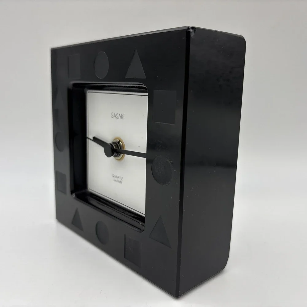 Vintage Sasaki Black Glass Crystal Geometric Clock